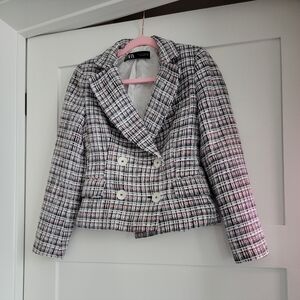 Zara Women's Blue and White, Red Plaid Jacket Size SMALL
